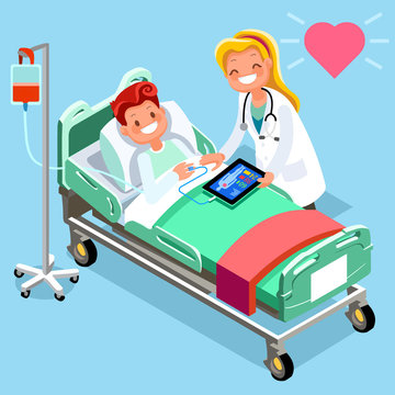 Medical Infographic Isometric People Cartoon Doctor Tablet And Hospital Technology Vector Illustration