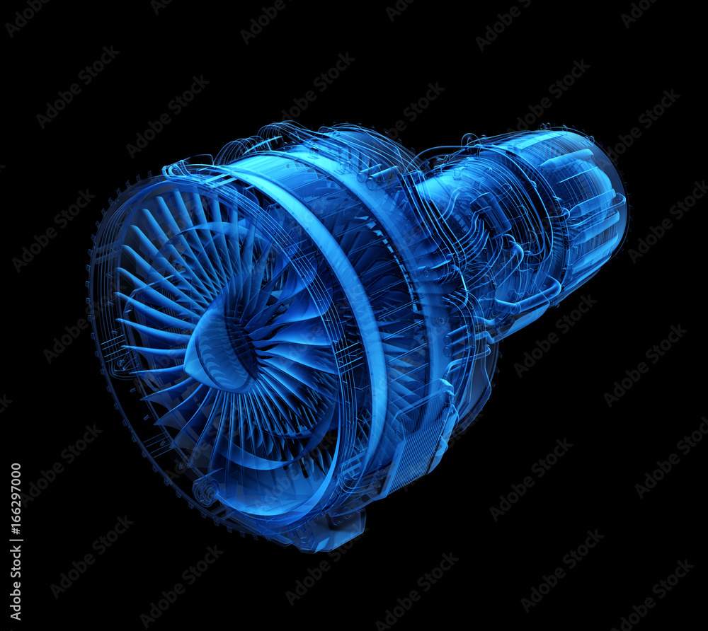 Poster x-ray style turbofan jet engine isolated on black background. 3d rendering image.