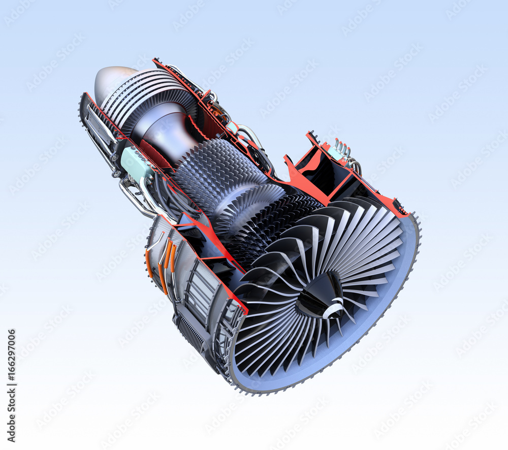 Poster cross section of turbofan jet engine isolated on light blue background. 3d rendering image. with cli