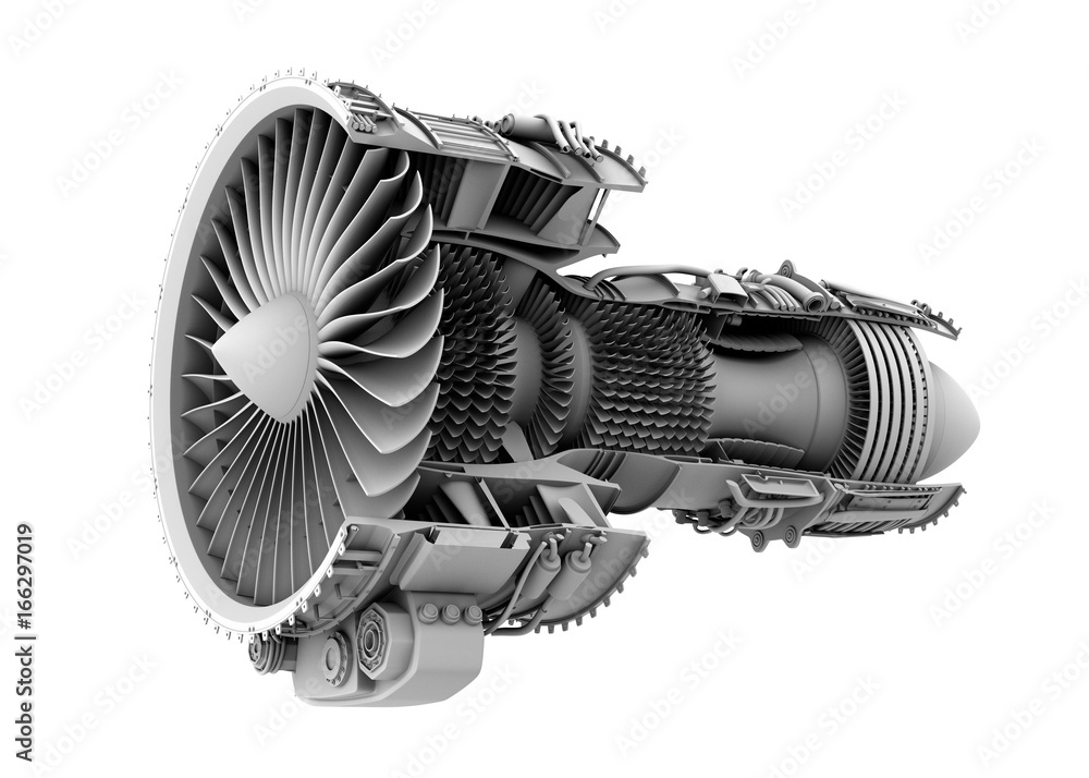 Poster 3d clay cutaway render of turbofan jet engine isolated on white background. 3d rendering image.