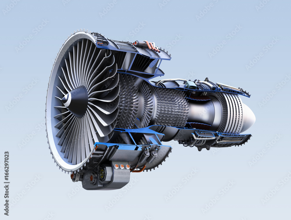 Poster cross section of turbofan jet engine isolated on light blue background. 3d rendering image. with cli