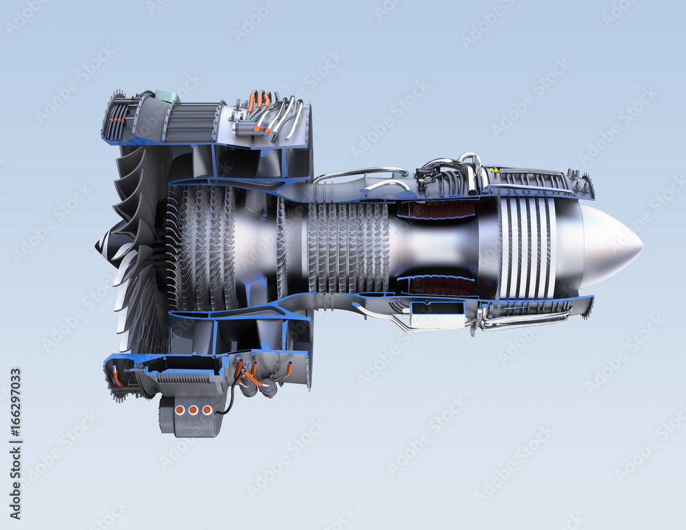 Poster cross section of turbofan jet engine isolated on light blue background. 3d rendering image. with cli