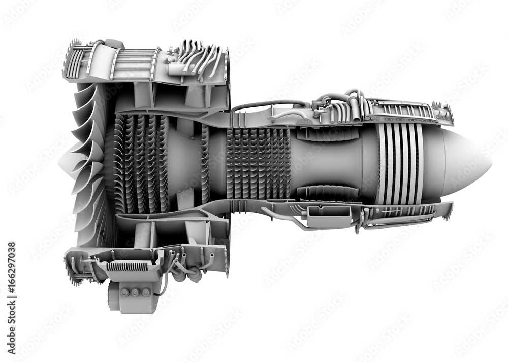 Poster 3d clay cutaway render of turbofan jet engine isolated on white background. 3d rendering image.