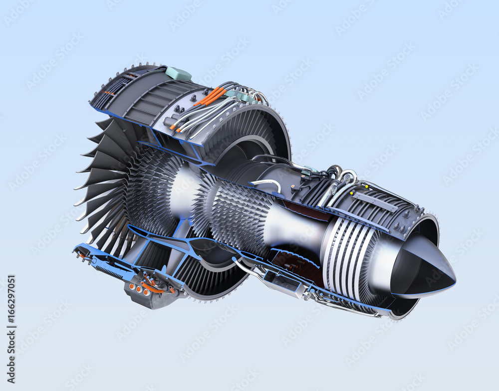 Poster cross section of turbofan jet engine isolated on light blue background. 3d rendering image. with cli