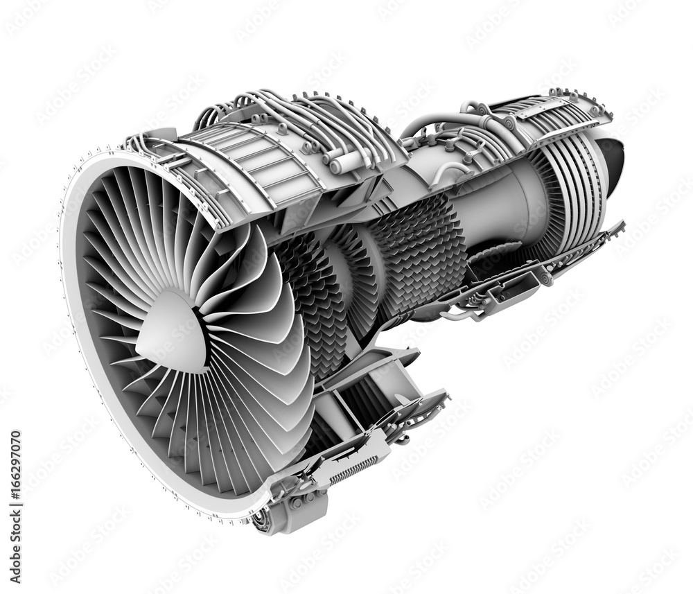 Poster 3d clay cutaway render of turbofan jet engine isolated on white background. 3d rendering image.