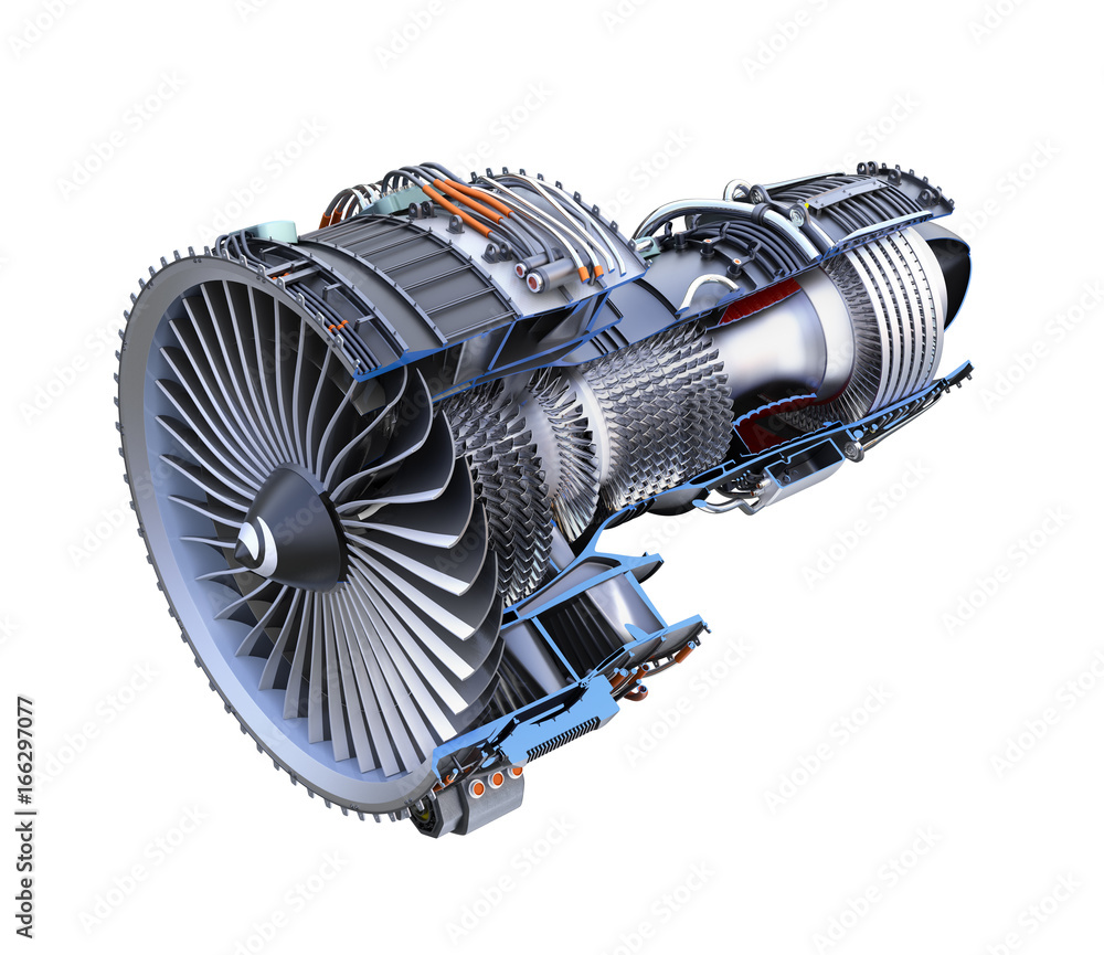 Poster cross section of turbofan jet engine isolated on white background. 3d rendering image with clipping 