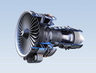 Cross section of turbofan jet engine isolated on light blue background. 3D rendering image. with clipping path