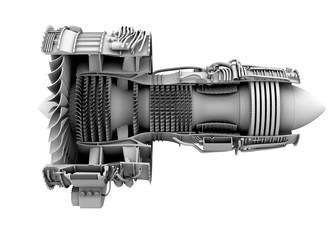 3D clay cutaway render of turbofan jet engine isolated on white background. 3D rendering image.