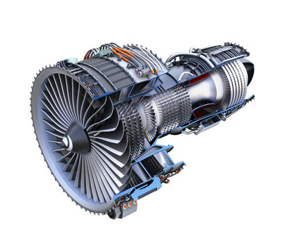 Cross section of turbofan jet engine isolated on white background. 3D rendering image with clipping path.