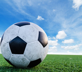 Soccer Football on the Green Grass Texture in Soccer Field with Sky.