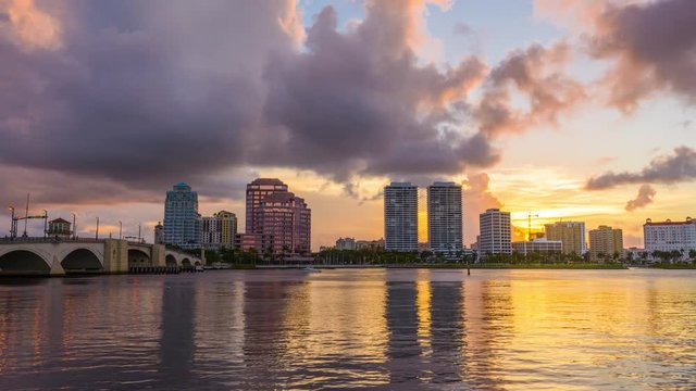 West Palm Beach, Florida, USA skyline time lapse from dusk to night.