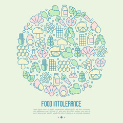 Food intolerance concept in circle with thin line icons of common allergens, sugar and trans fat, vegetarian and organic symbols. Vector illustration.