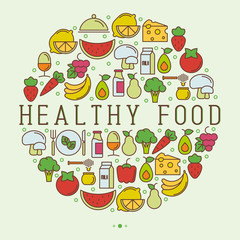 Organic food concept in circle with thin line icons of fresh natural products, vegetarian groceries. Vector illustration for banner, web page about healthy nutrition.