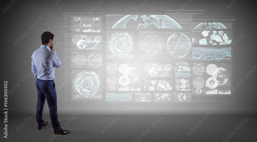 Aufkleber businessman using graph screens interface on a wall 3d rendering