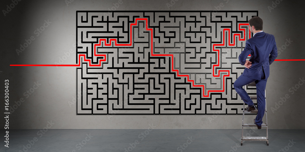 Poster businessman searching maze solution on a wall 3d rendering