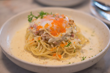 Delicious spaghetti with crab meat