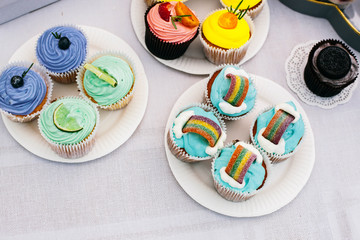 Cupcakes with colorful cream and fruits