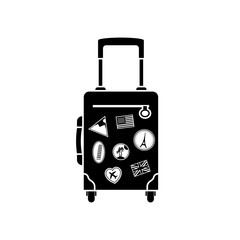 Travel bag with handle on wheels icon. Black silhouette. Time to travel. Vector illustration flat design. Tourist suitcase. Isolated on white background. Stickers from all over world, sign of journeys