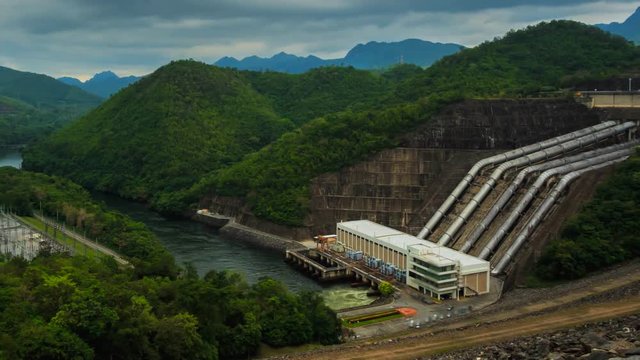 4K Time lapse of 720 MW hydro power plant named Srinagarind Dam where is an embankment dam in Kanchanaburi province of Thailand