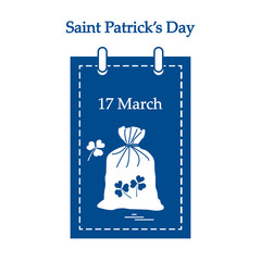 Cute vector illustration: calendar with a bag full of gold coins and clover for St. Patrick's Day.