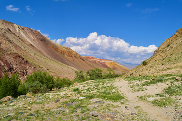 Ravine and path between colorful hills of Altai mountains. Altay Republic, Russia.