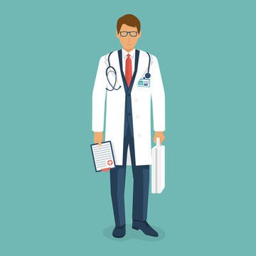 Doctor in white coat is holding first aid kit and clipboard in hands. Healthcare concept. Medical help. Vector illustration flat design. Stethoscope on neck. Emergency doctor isolated on background.