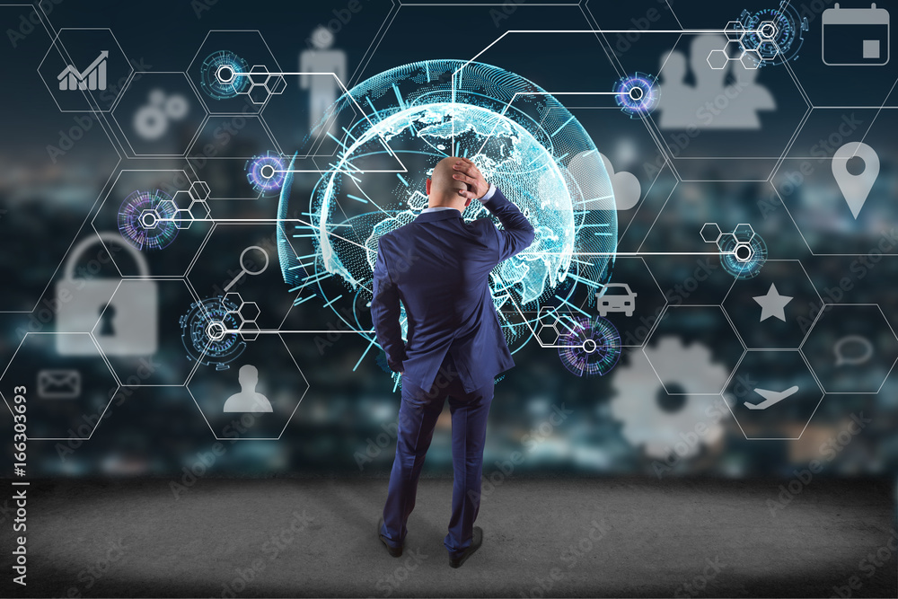 Poster businessman in front of a wall with an international business network connection displayed on a futu
