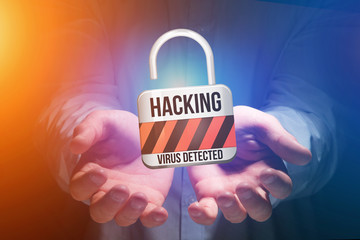 Padlock security connection hacked displayed on a futuristic interface - Connection concept