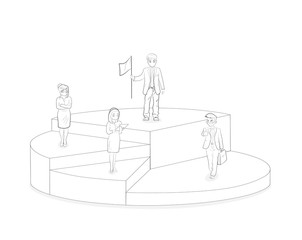 Businessman standing on top of each portion of a pie chart. Vector artwork diagram depicts profit sharing, successful partnerships, company shares ownership, and shareholders.