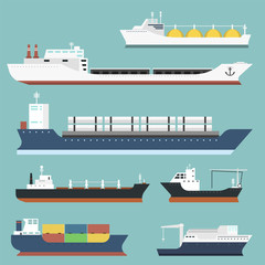 Cargo vessels and tankers shipping delivery bulk carrier train freight boat tankers isolated on background vector illustration
