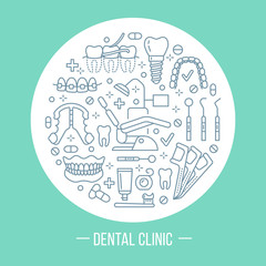Dentist, orthodontics medical banner with vector line icon of dental care equipment, braces, tooth prosthesis, veneers, floss, caries treatment. Health care thin linear poster for dentistry clinic.