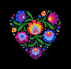 colourful folk heart on black background