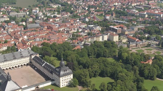 Drone view over the German city Gotha, aerial of historical castle "Schloss Friedenstein" with orangery, beautiful baroque architecture, Europe - 4K