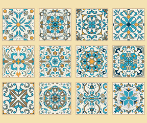 Vector set of Portuguese tiles. Collection of colored patterns for design and fashion
