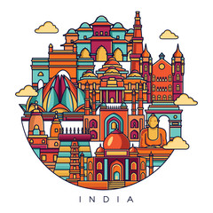 India skyline. Vector background. line illustration. Line art style