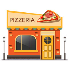 City pizzeria facade isolated.