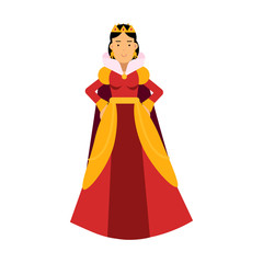 Majestic queen in red dress and gold crown, fairytale or medieval character colorful vector Illustration