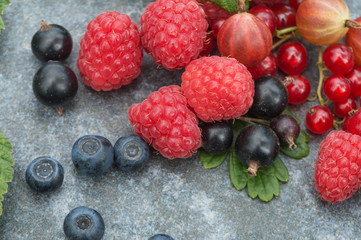 Raspberries, blueberries, gooseberries, leaves are macros