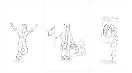 Success of a person after drinking coffee. vector illustration.