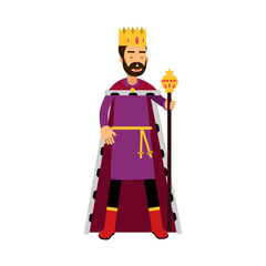 Majestic king in gold crown standing and holding scepter, fairytale or medieval character, colorful vector Illustration