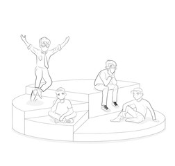 Businessman standing on top of each portion of a pie chart. Vector artwork diagram depicts profit sharing, successful partnerships, company shares ownership, and shareholders.