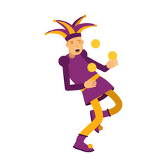 Medieval jester character juggling with balls, colorful vector Illustration