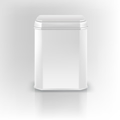 Vector 3d mockup. White square empty tin packaging. Tea, coffee,