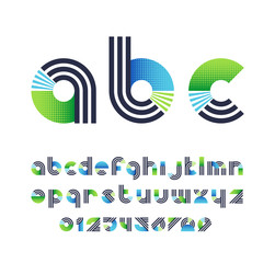 Parallel lines and color blocks' latin font, graphical lower case decorative type and numbers.