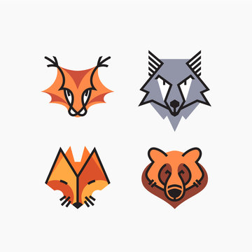 Vector set of flat line and color design animals. Decorative elements, icons, symbols, mascots.
