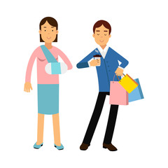 Cheerful couple shopping together, woman with arm in a plaster colorful vector Illustration