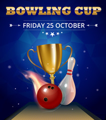 Bowling club poster with realistic ball and skittles and sparkle.