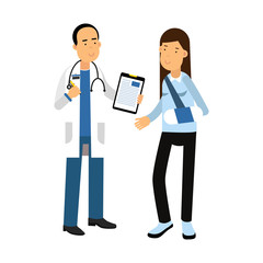 Injured young brunette woman with arm in plaster talking to a doctor colorful vector Illustration