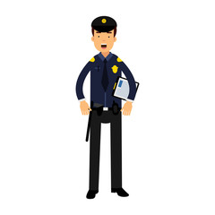 Police officer character in a blue uniform holding clipboard vector Illustration