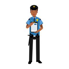 Policeman character in a blue uniform holding clipboard with form for police report vector Illustration